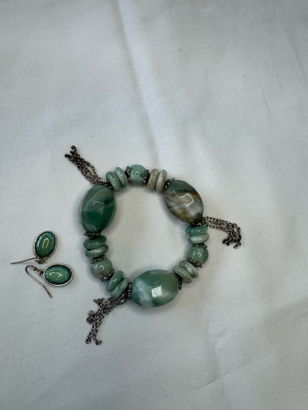 Green Agate Look Beaded Bracelet and Earring Set - * not sure if stone type
